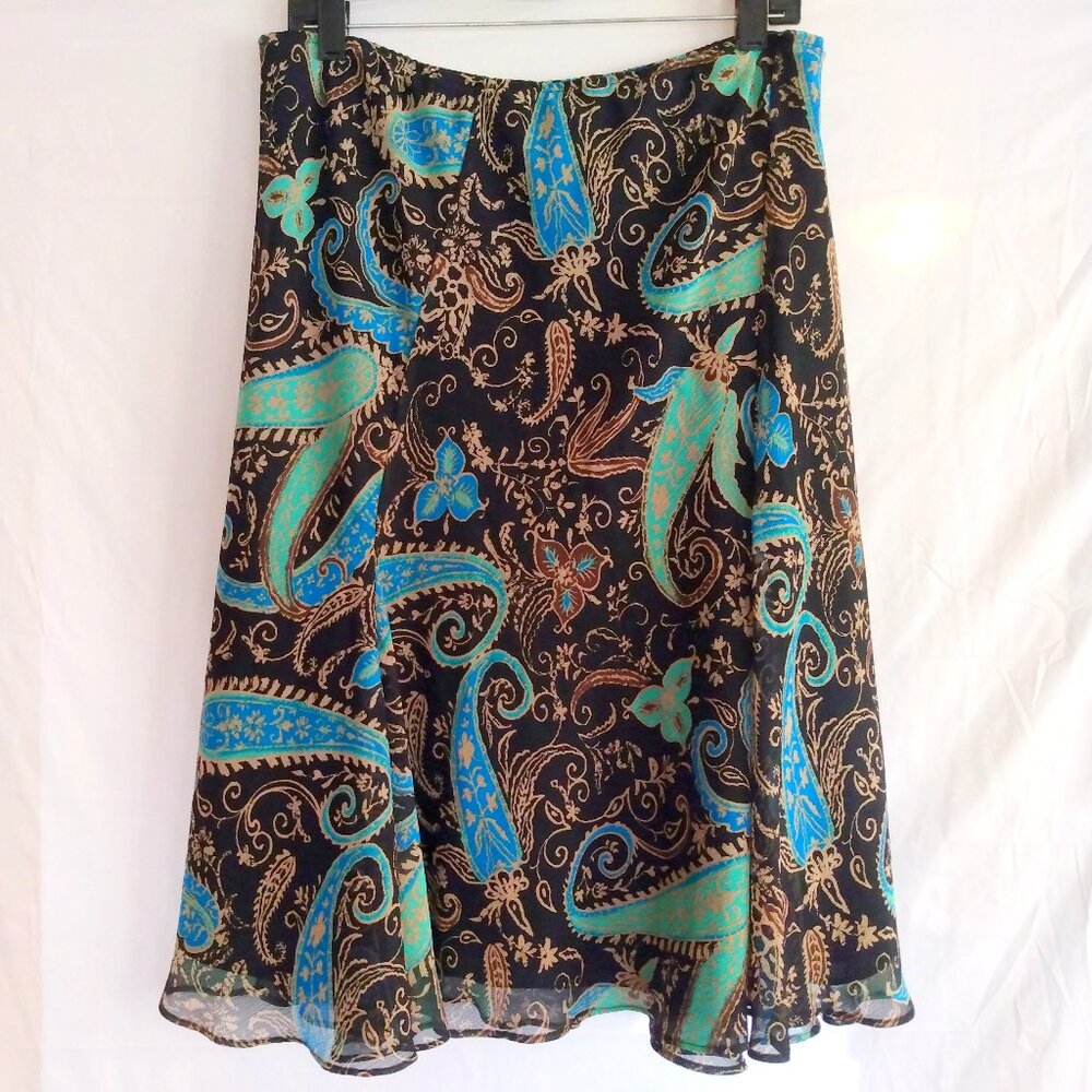 East 5th Lined Pull-On Midi Skirt XL Paisley Boho Cottagecore Office Casual Teal